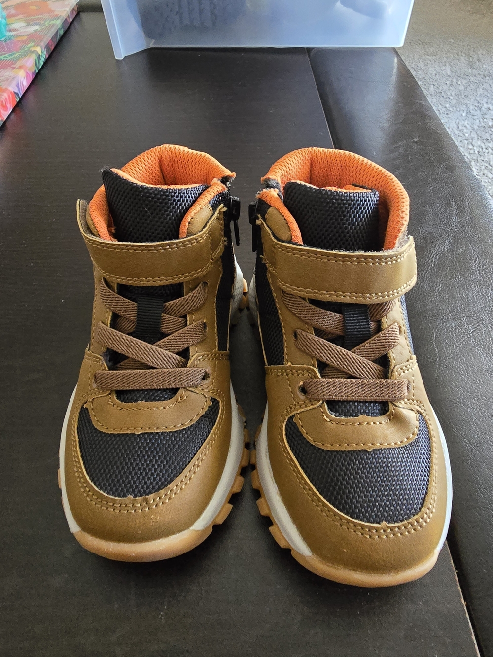 Kids Brown and Black High-Top Sneakers with Orange Trim
